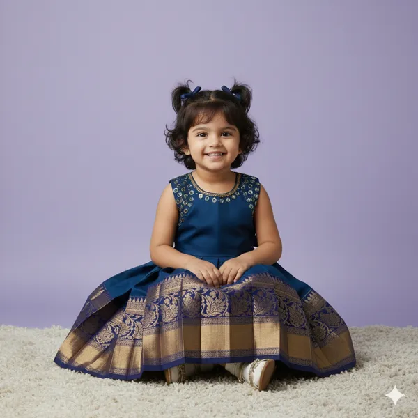 The_Kanjivaram_Collection'__Teal_Blue_Silk_Frock_with_Gold_Zari_Border