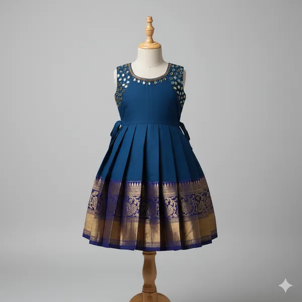 The_Kanjivaram_Collection'__Teal_Blue_Silk_Frock_with_Gold_Zari_Border
