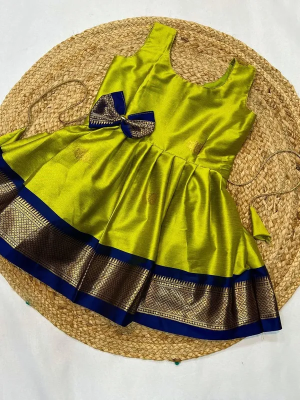 Vibrant_Lime_Green_Pattu_Pavadai_Frock_with_Navy_Kanchipuram_Border