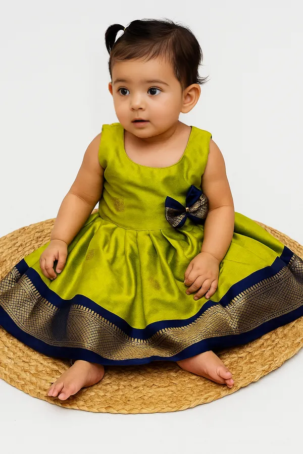 Vibrant_Lime_Green_Pattu_Pavadai_Frock_with_Navy_Kanchipuram_Border