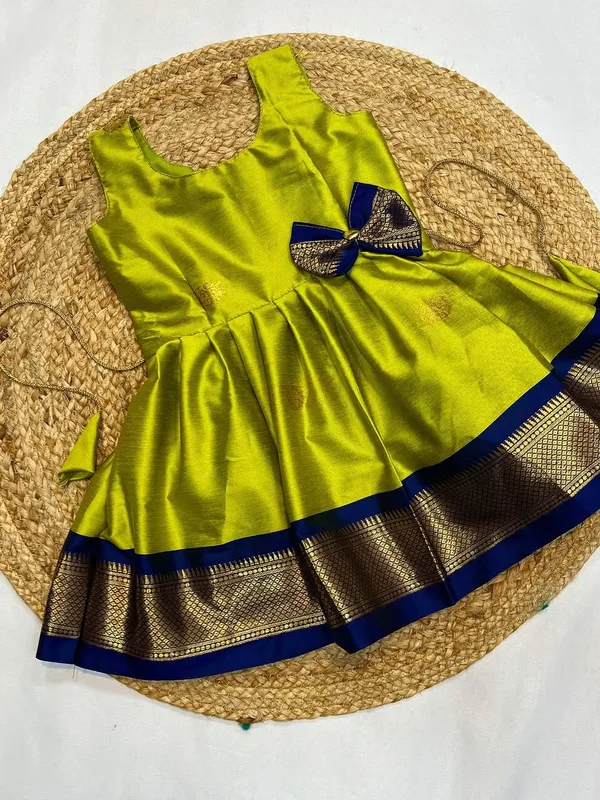 Vibrant_Lime_Green_Pattu_Pavadai_Frock_with_Navy_Kanchipuram_Border