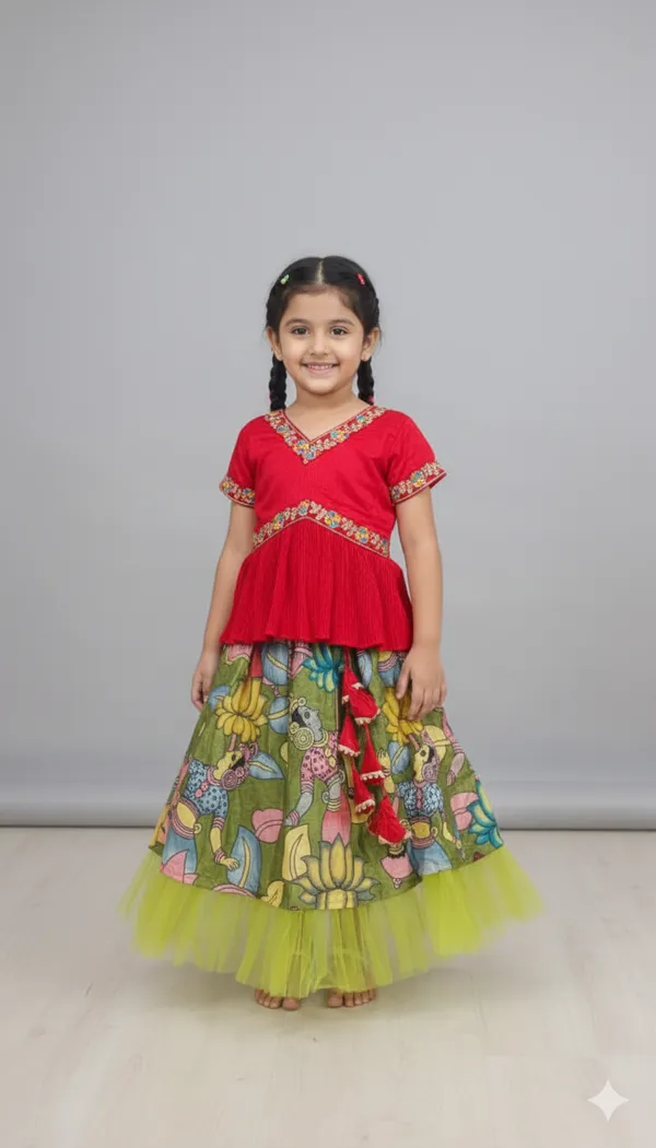 Vibrant_Red_Chinon_&_Kalamkari_Print_Girls'_Lehenga_Choli