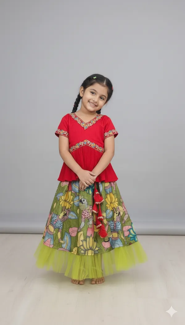 Vibrant_Red_Chinon_&_Kalamkari_Print_Girls'_Lehenga_Choli