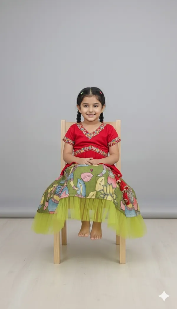 Vibrant_Red_Chinon_&_Kalamkari_Print_Girls'_Lehenga_Choli