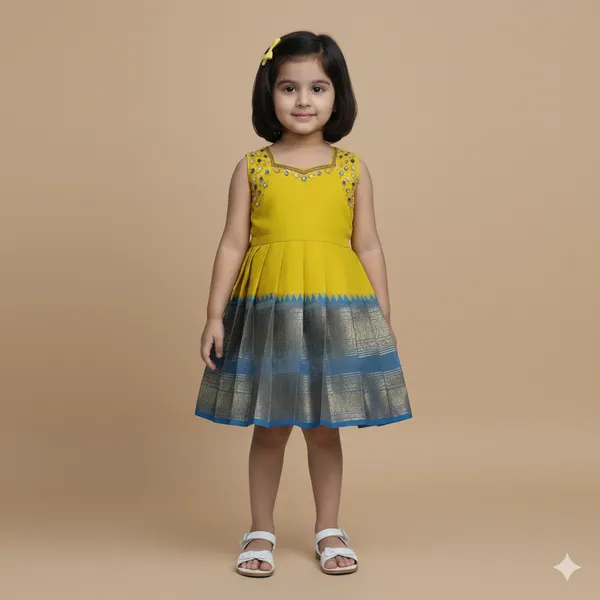 Yellow_and_Blue_Silk_Saree_Frock_Embroidery_Work_Yoke