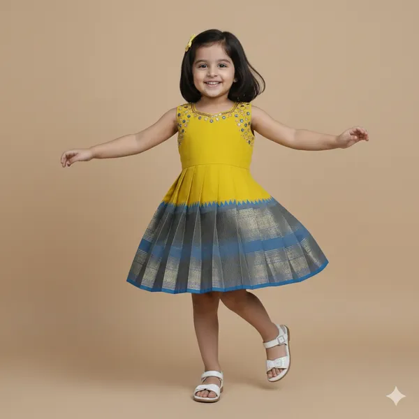 Yellow_and_Blue_Silk_Saree_Frock_Embroidery_Work_Yoke