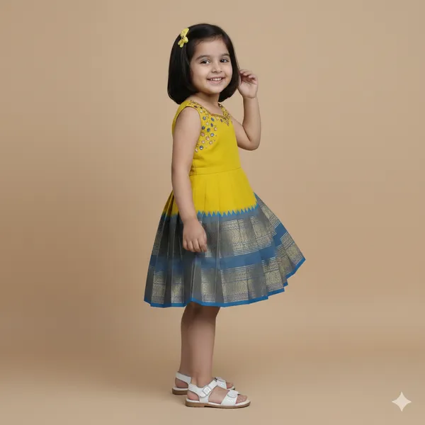 Yellow_and_Blue_Silk_Saree_Frock_Embroidery_Work_Yoke