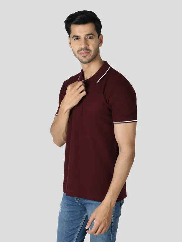 Maroon_Stylish_Polo_Neck_T-Shirt_With_Stripes_For_Men