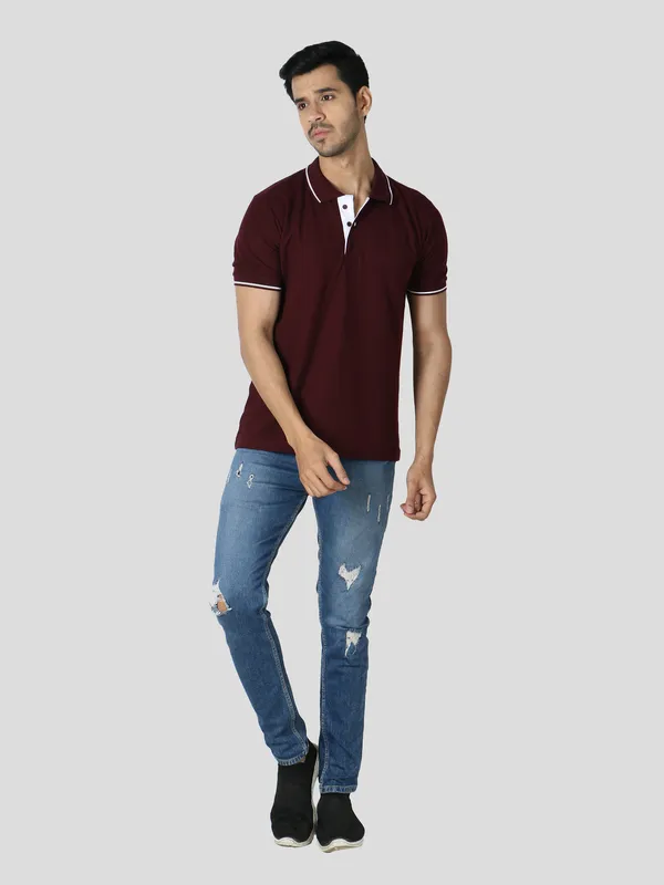 Maroon_Stylish_Polo_Neck_T-Shirt_With_Stripes_For_Men