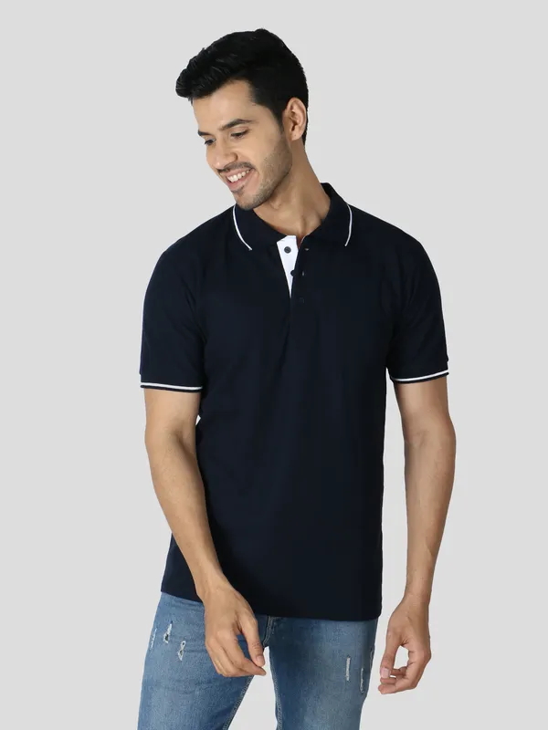 Navy_Blue_Stylish_Polo_Neck_T-Shirt_With_Stripes_For_Men