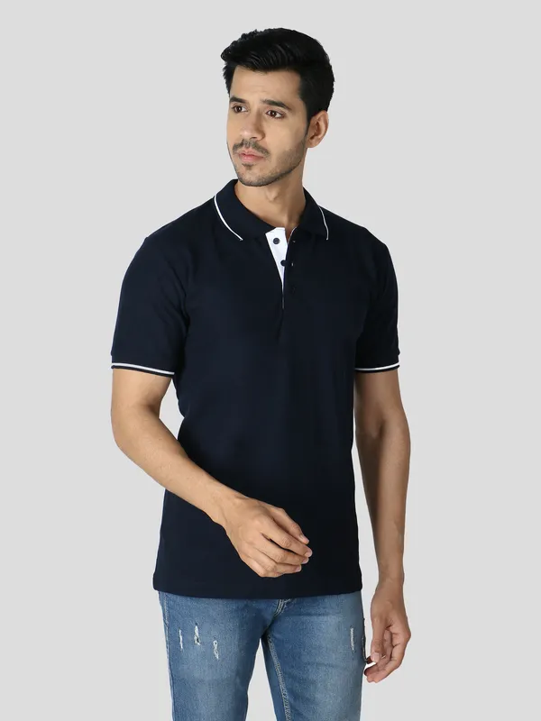 Navy_Blue_Stylish_Polo_Neck_T-Shirt_With_Stripes_For_Men