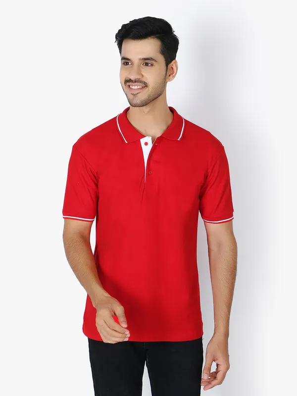 Red_Stylish_Polo_Neck_T-Shirt_With_Stripes_For_Men