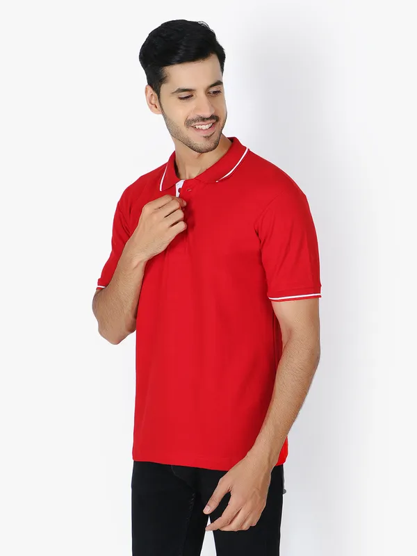 Red_Stylish_Polo_Neck_T-Shirt_With_Stripes_For_Men