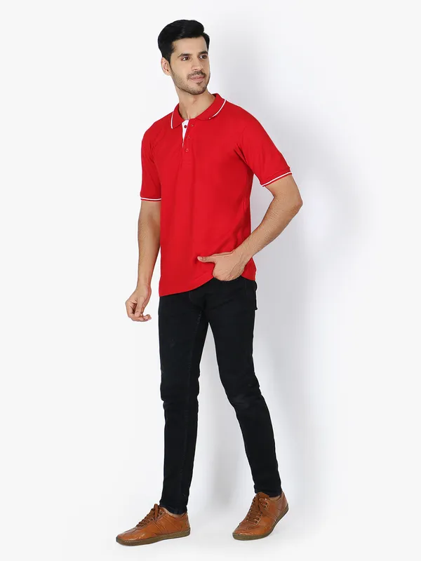 Red_Stylish_Polo_Neck_T-Shirt_With_Stripes_For_Men