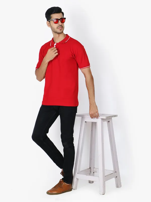 Red_Stylish_Polo_Neck_T-Shirt_With_Stripes_For_Men