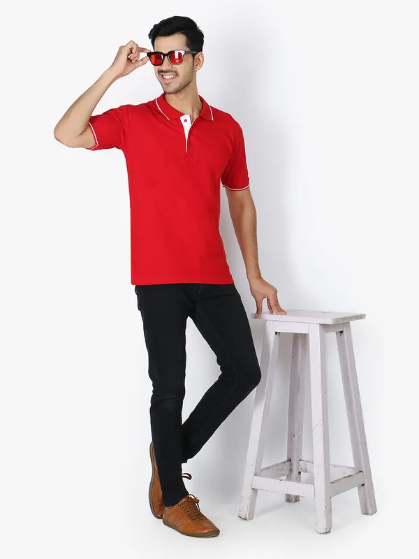 Red_Stylish_Polo_Neck_T-Shirt_With_Stripes_For_Men