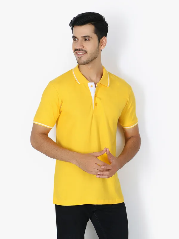 Yellow_Stylish_Polo_Neck_T-Shirt_With_Stripes_For_Men