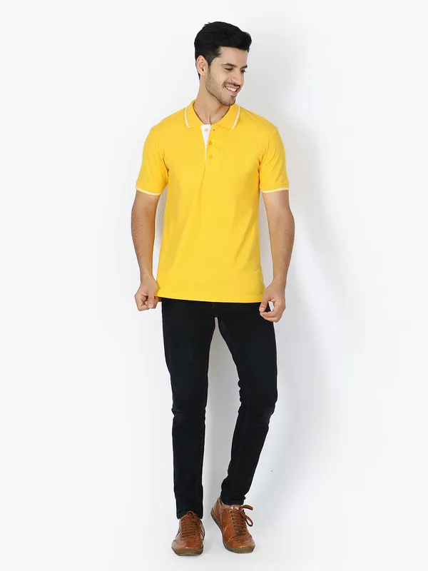 Yellow_Stylish_Polo_Neck_T-Shirt_With_Stripes_For_Men