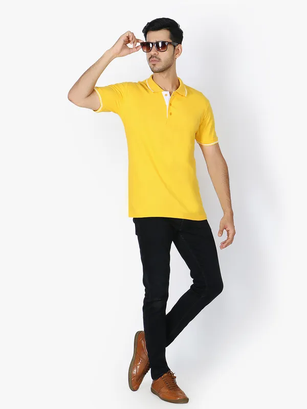 Yellow_Stylish_Polo_Neck_T-Shirt_With_Stripes_For_Men
