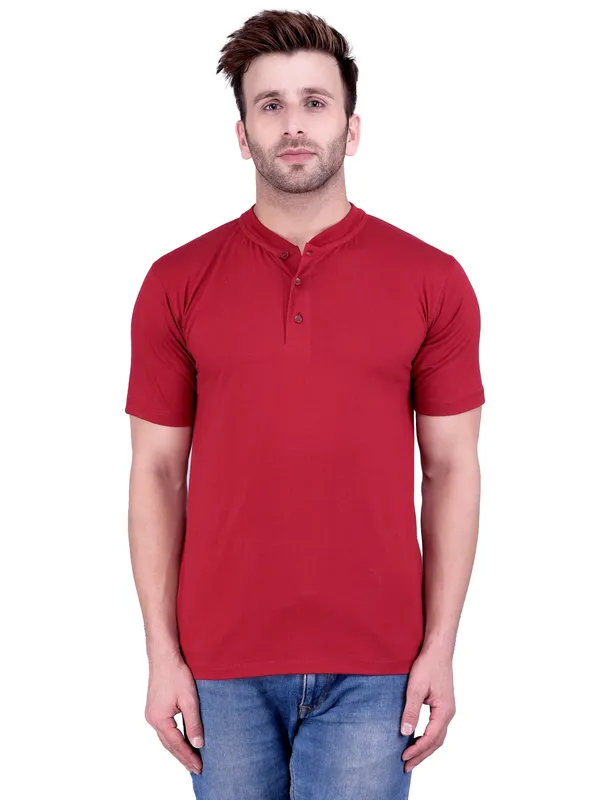 Maroon_Plain_Henley_Neck_Half_Sleeves_T-Shirt_For_Men