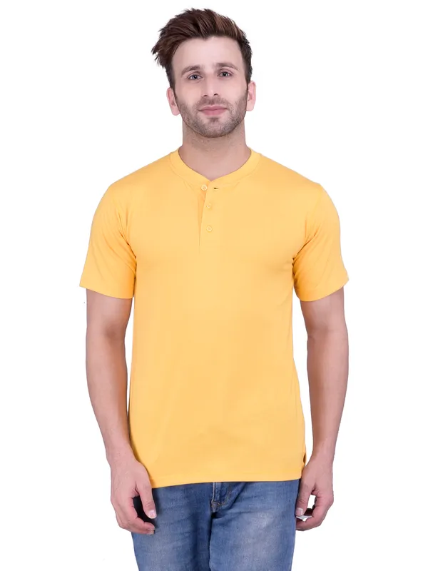 Yellow_Plain_Henley_Neck_Half_Sleeves_T-Shirt_For_Men