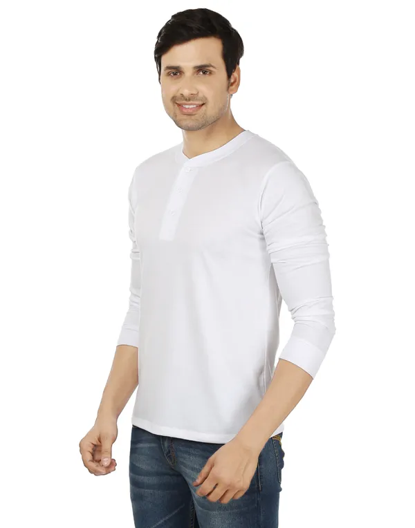 White_Plain_Henley_Neck_Full_Sleeves_T-Shirt_For_Men