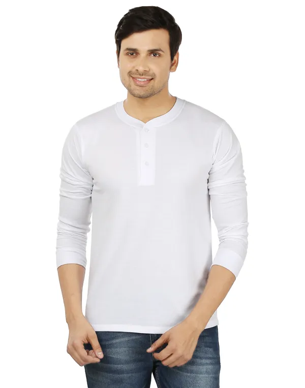 White_Plain_Henley_Neck_Full_Sleeves_T-Shirt_For_Men