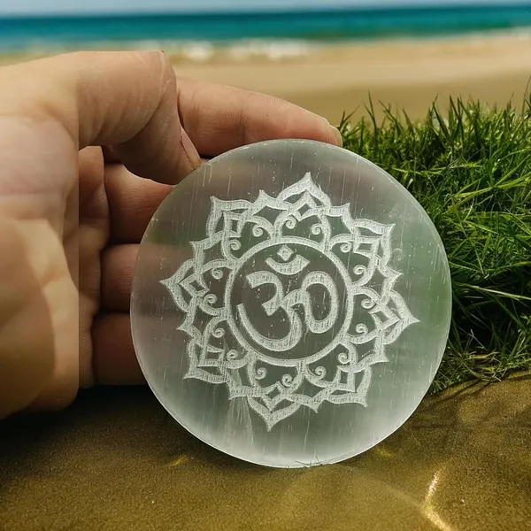 Selenite_Charging_Plate_Engraved_Om_Symbol_For_Crystal_Cleansing_Re-Energy_Work,_Meditation_And_Pooja_-_Sri_Yantra_(Om)