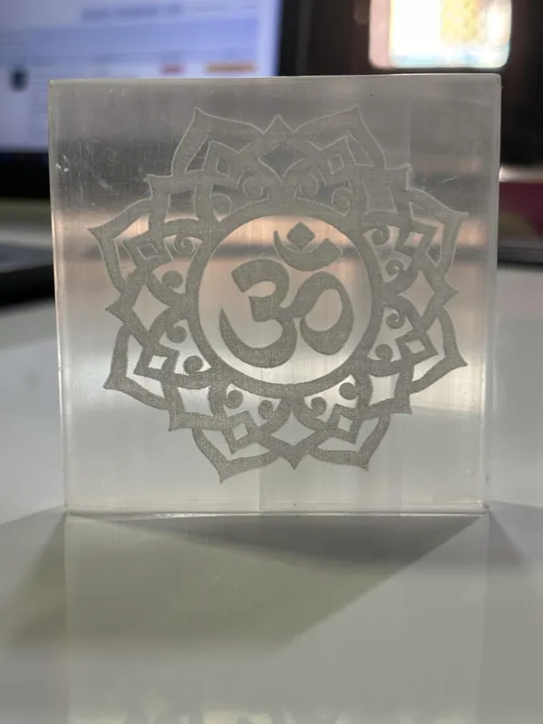 White_Square_Selenite_Plate_Engraved_Om_Symbol_Used_For_Charging_Crystal_Cleansing_Re-Energy_Work_3_To_4"-_(Om-Square)