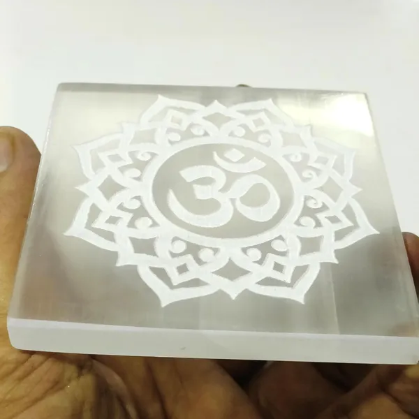 White_Square_Selenite_Plate_Engraved_Om_Symbol_Used_For_Charging_Crystal_Cleansing_Re-Energy_Work_3_To_4"-_(Om-Square)