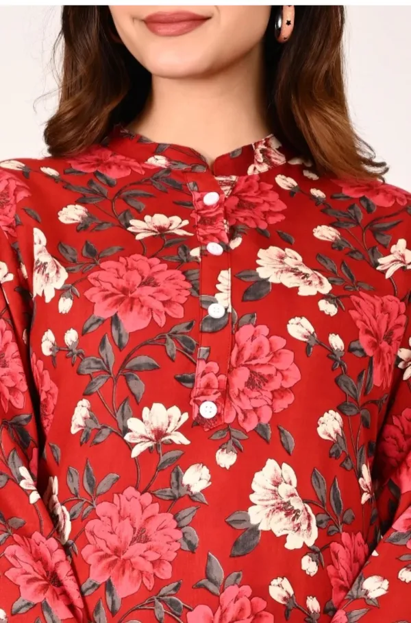 Red_Rayon_Mandarin_Collar_3/4Th_Sleeves_Floral_Printed_Top_&_Pant_Co-Ord_Set