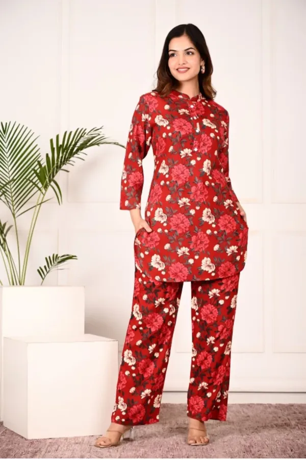 Red_Rayon_Mandarin_Collar_3/4Th_Sleeves_Floral_Printed_Top_&_Pant_Co-Ord_Set