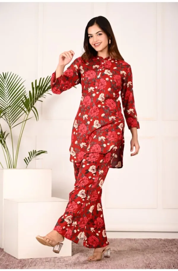 Red_Rayon_Mandarin_Collar_3/4Th_Sleeves_Floral_Printed_Top_&_Pant_Co-Ord_Set