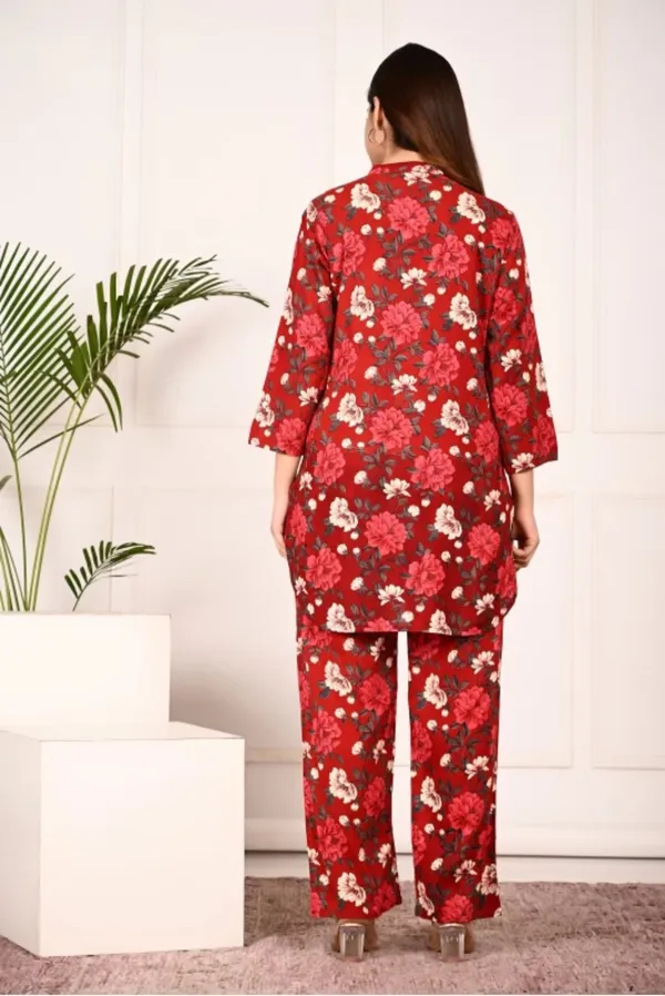 Red_Rayon_Mandarin_Collar_3/4Th_Sleeves_Floral_Printed_Top_&_Pant_Co-Ord_Set