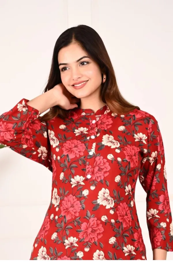 Red_Rayon_Mandarin_Collar_3/4Th_Sleeves_Floral_Printed_Top_&_Pant_Co-Ord_Set
