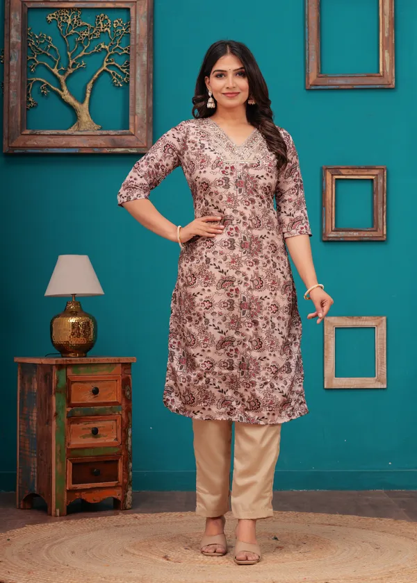 Cream_Chinon_V_Neck_3/4Th_Sleeves_Floral_Embroidered_Straight_Kurta,_Pant_Set_With_Dupatta