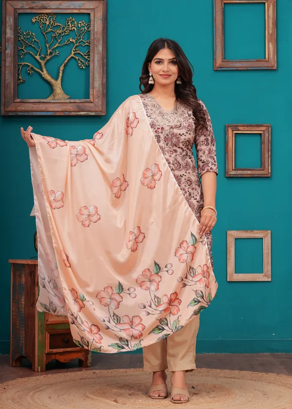 Cream_Chinon_V_Neck_3/4Th_Sleeves_Floral_Embroidered_Straight_Kurta,_Pant_Set_With_Dupatta