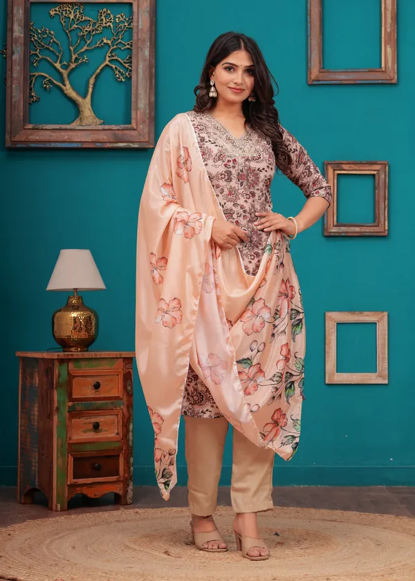 Cream_Chinon_V_Neck_3/4Th_Sleeves_Floral_Embroidered_Straight_Kurta,_Pant_Set_With_Dupatta