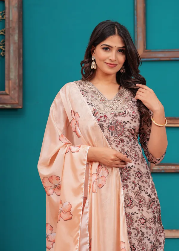 Cream_Chinon_V_Neck_3/4Th_Sleeves_Floral_Embroidered_Straight_Kurta,_Pant_Set_With_Dupatta