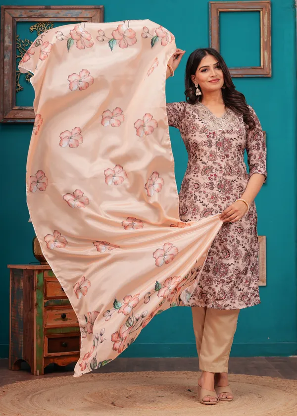 Cream_Chinon_V_Neck_3/4Th_Sleeves_Floral_Embroidered_Straight_Kurta,_Pant_Set_With_Dupatta
