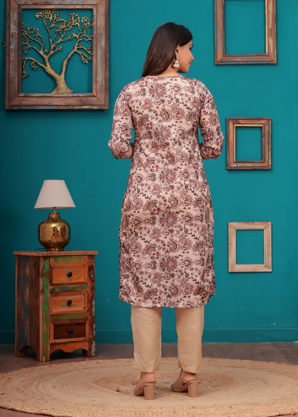Cream_Chinon_V_Neck_3/4Th_Sleeves_Floral_Embroidered_Straight_Kurta,_Pant_Set_With_Dupatta