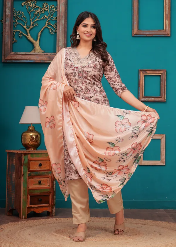 Cream_Chinon_V_Neck_3/4Th_Sleeves_Floral_Embroidered_Straight_Kurta,_Pant_Set_With_Dupatta