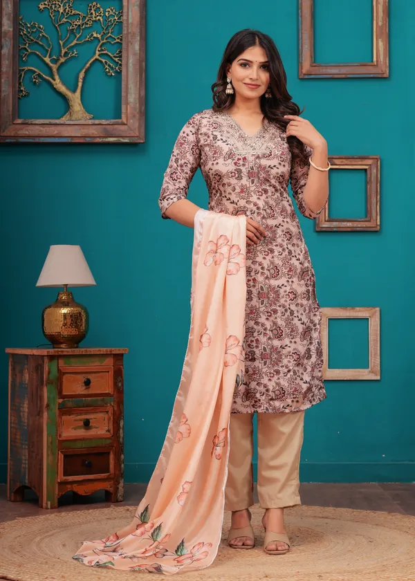 Cream_Chinon_V_Neck_3/4Th_Sleeves_Floral_Embroidered_Straight_Kurta,_Pant_Set_With_Dupatta