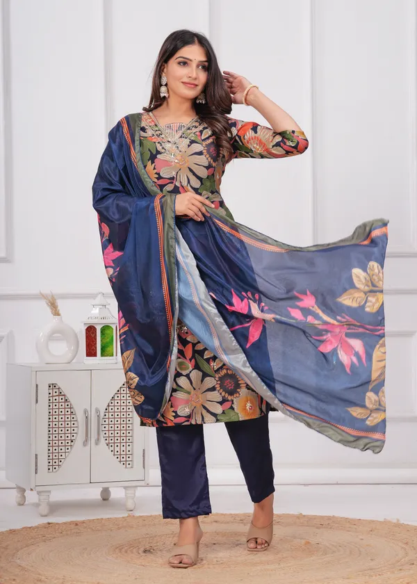 Navy_Blue_Chinon_V_Neck_3/4Th_Sleeves_Floral_Embroidered_Printed_Straight_Kurta,_Pant_Set_With_Dupatta