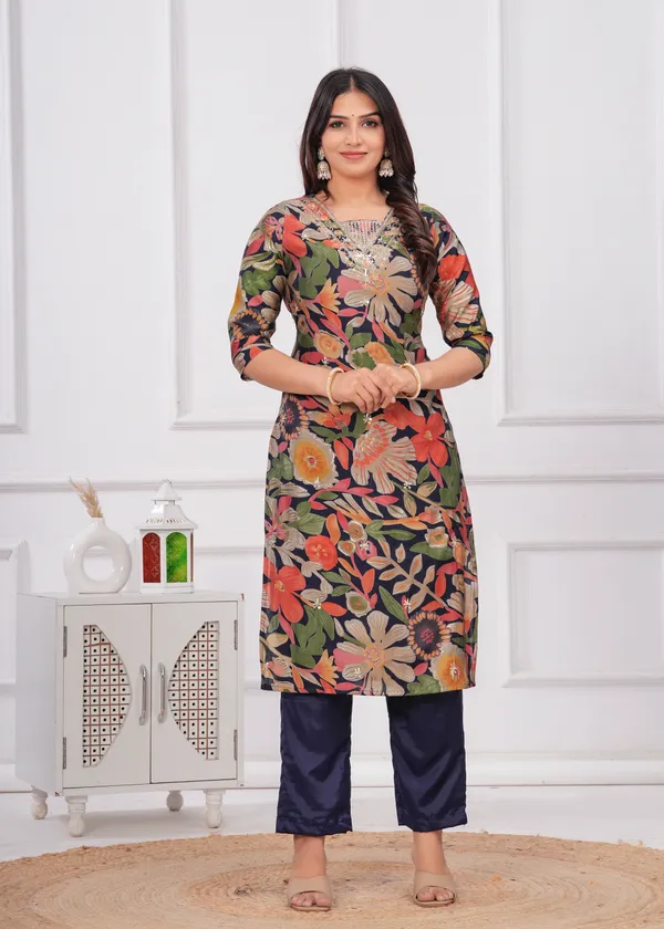 Navy_Blue_Chinon_V_Neck_3/4Th_Sleeves_Floral_Embroidered_Printed_Straight_Kurta,_Pant_Set_With_Dupatta