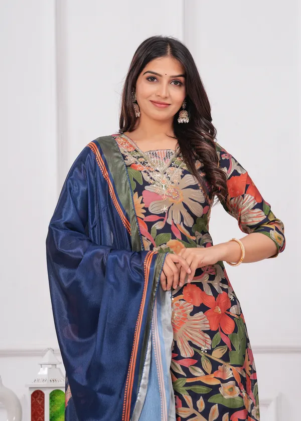 Navy_Blue_Chinon_V_Neck_3/4Th_Sleeves_Floral_Embroidered_Printed_Straight_Kurta,_Pant_Set_With_Dupatta
