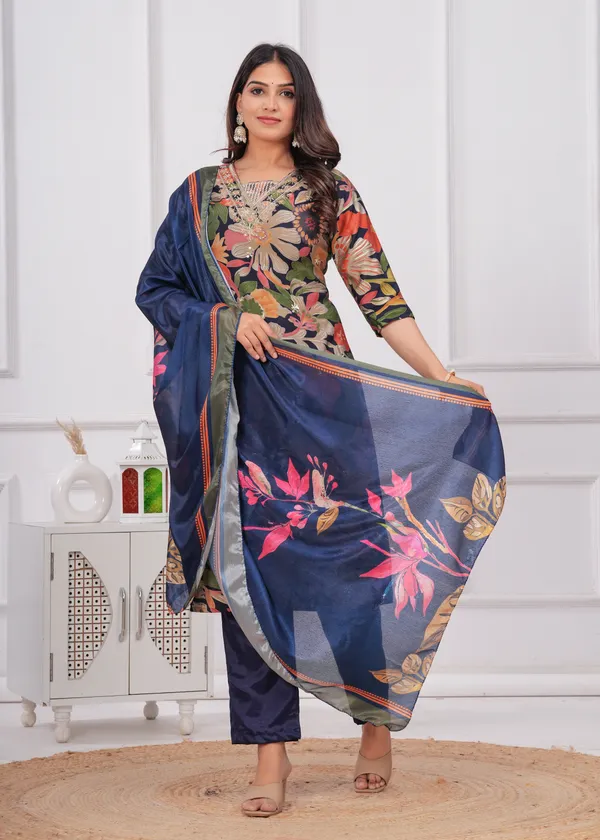 Navy_Blue_Chinon_V_Neck_3/4Th_Sleeves_Floral_Embroidered_Printed_Straight_Kurta,_Pant_Set_With_Dupatta