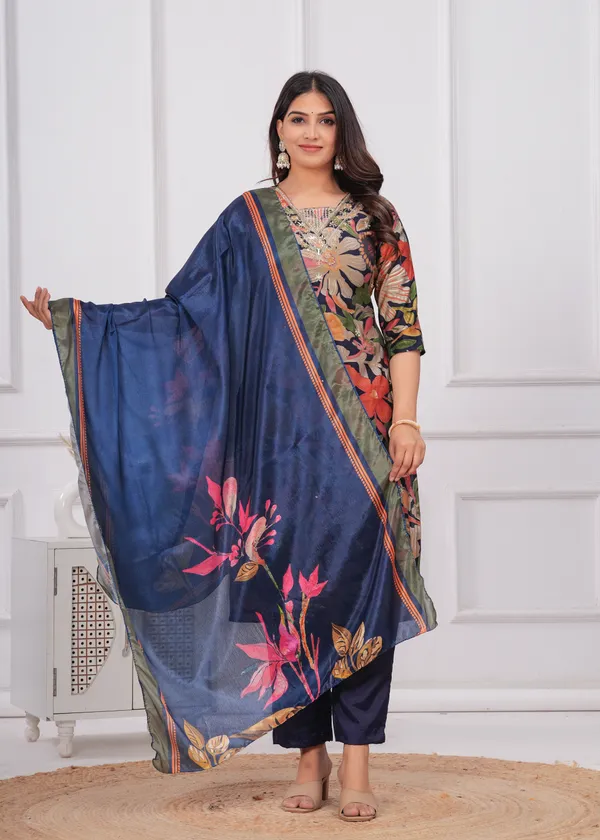 Navy_Blue_Chinon_V_Neck_3/4Th_Sleeves_Floral_Embroidered_Printed_Straight_Kurta,_Pant_Set_With_Dupatta