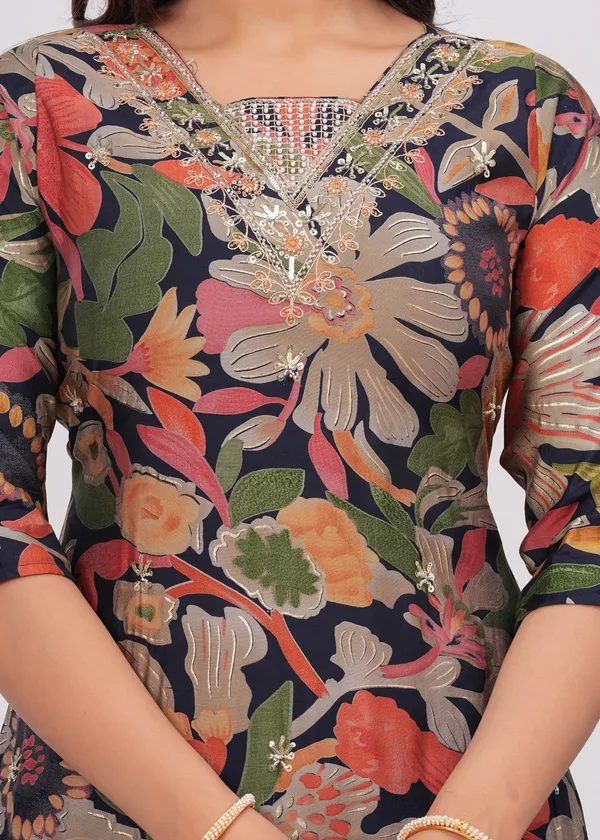Navy_Blue_Chinon_V_Neck_3/4Th_Sleeves_Floral_Embroidered_Printed_Straight_Kurta,_Pant_Set_With_Dupatta