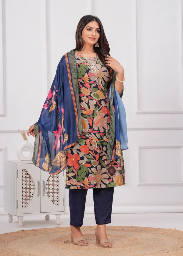 Navy_Blue_Chinon_V_Neck_3/4Th_Sleeves_Floral_Embroidered_Printed_Straight_Kurta,_Pant_Set_With_Dupatta